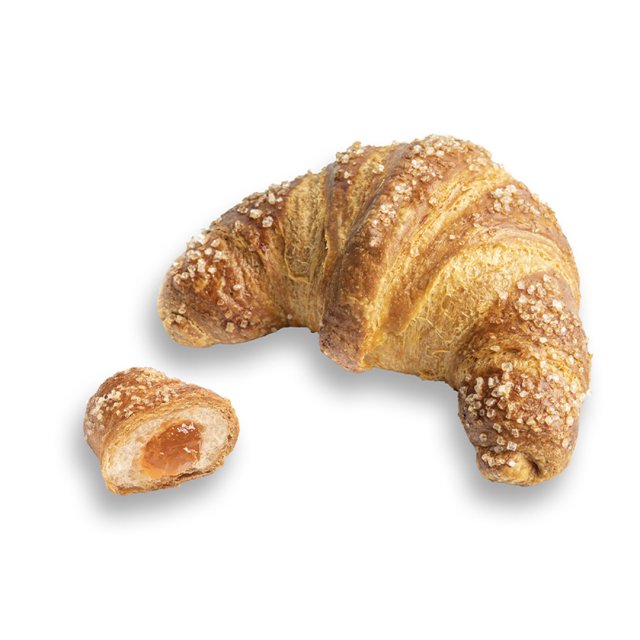 Croissant auriu acoperit cu zahăr grunjos, cu o bucată mai mică tăiată, cu umplutură de caise.