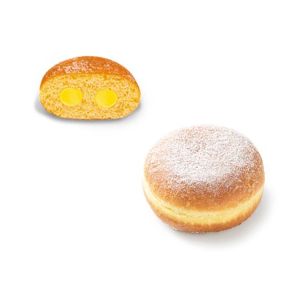 Gogoașă întreagă pudrată cu zahăr, alături de o secțiune cu două buzunare de cremă galbenă.