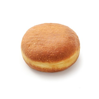 Gogoașă rotundă aurie umplută, fără gaură, neglazurată, pe fundal alb