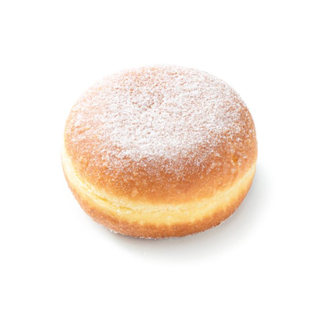 Gogoașă rotundă aurie umplută, presărată cu zahăr pudră, pe fundal alb