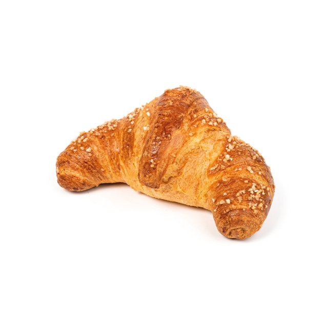 Croissant auriu-brun cu cristale crocante de zahăr, formă curbată, pe fundal alb