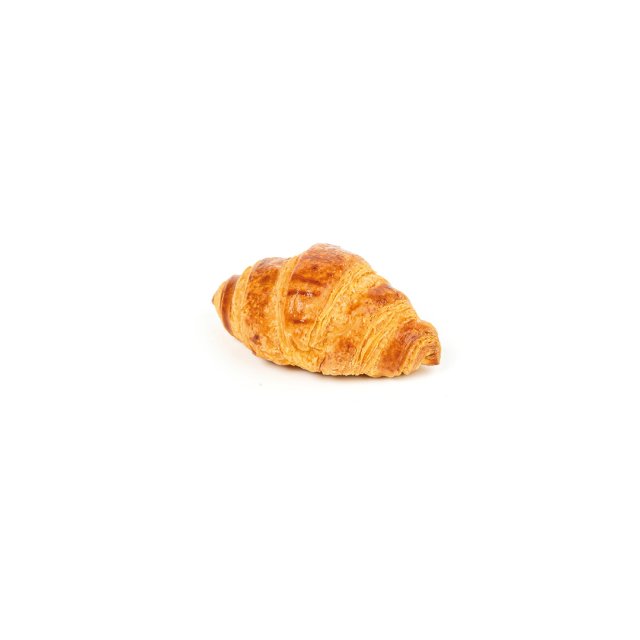 Croissant auriu-brun cu straturi foietate, curbate, pe fundal alb.