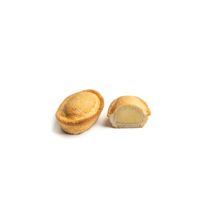 Două produse de patiserie ovale cu crustă aurie, unul întreg și unul tăiat cu umplutură cremoasă.