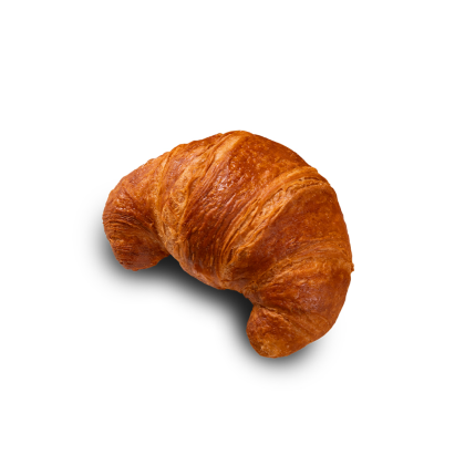 Croissant curbat auriu-brun, cu straturi crocante și lucioase, pe fundal alb.