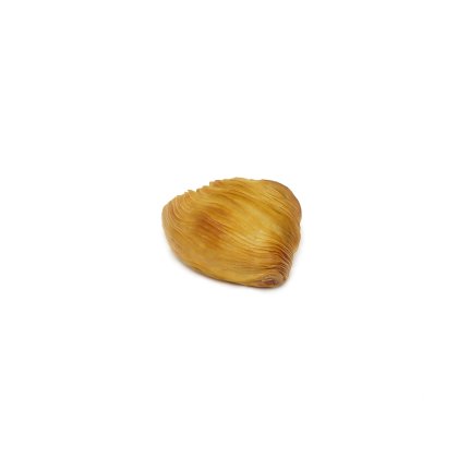 Coajă de patiserie aurie, stratificată, cu textură striată pe fundal alb.