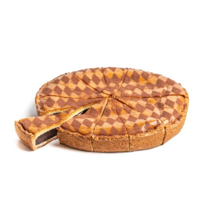 Tartă rotundă cu model în carouri maro-bej, tăiată felii, cu o felie scoasă