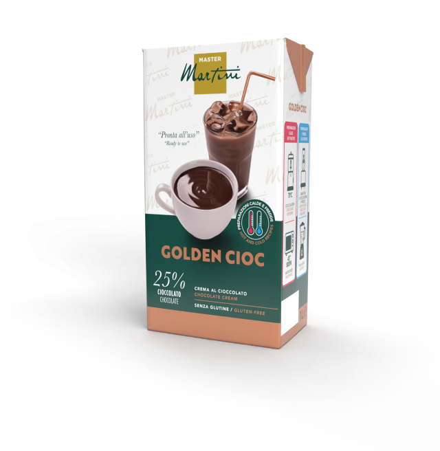 Cutie Master Martini Golden Cioc, cremă de ciocolată 25%, fără gluten, gata pentru băuturi calde și reci.
