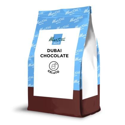 Pungă stand-up Martini Gelato aromă Dubai Chocolate, parte superioară albastră cu model și parte inferioară maro, eti...
