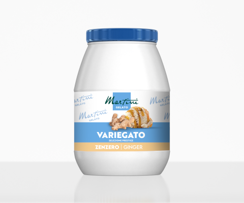 Borcan de plastic alb cu capac albastru, etichetat Martini Gelato Variegato Zenzero Ginger, cu rădăcină de ghimbir și...