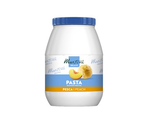 Recipient de plastic alb cu capac albastru, etichetat "Martini Gelato Pasta Selezione Prestige, Pesca/Peach", cu pier...
