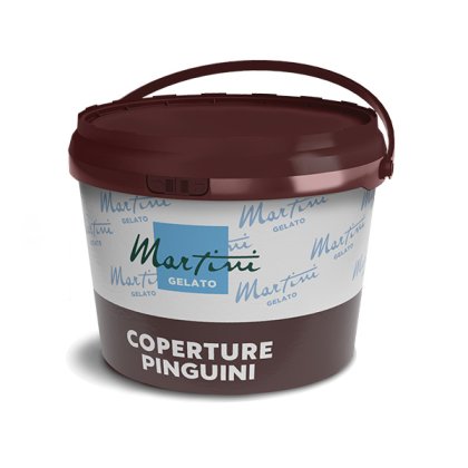 Găleată din plastic maro închis cu mâner, etichetată Martini Gelato Coperture Pinguini, un produs de glazură de cioco...