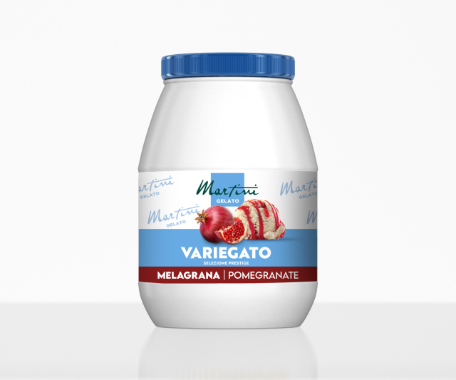 Cutie albă cu capac albastru Martini Gelato Variegato, Melagrana rodie, cu bilă de înghețată și rodie