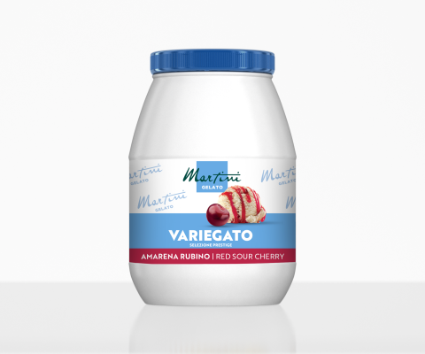 Borcan de plastic alb cu capac albastru, etichetă Martini Gelato Variegato Amarena Rubino, vișină roșie acră, cu îngh...