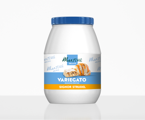 Borcan din plastic alb cu capac albastru, etichetat Martini Gelato Variegato Signor Strudel cu imagine de patiserie.
