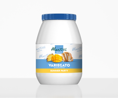 Recipient alb din plastic cu capac albastru "Martini Gelato Variegato Summer Party" cu mango, ananas și cocos.