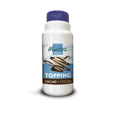 Sticlă din plastic alb cu sos topping de cacao Martini Gelato, capac albastru și cupă de înghețată pe etichetă.