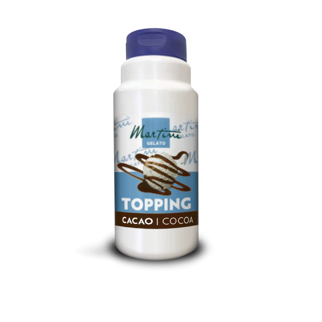 Sticlă din plastic alb cu sos topping de cacao Martini Gelato, capac albastru și cupă de înghețată pe etichetă.