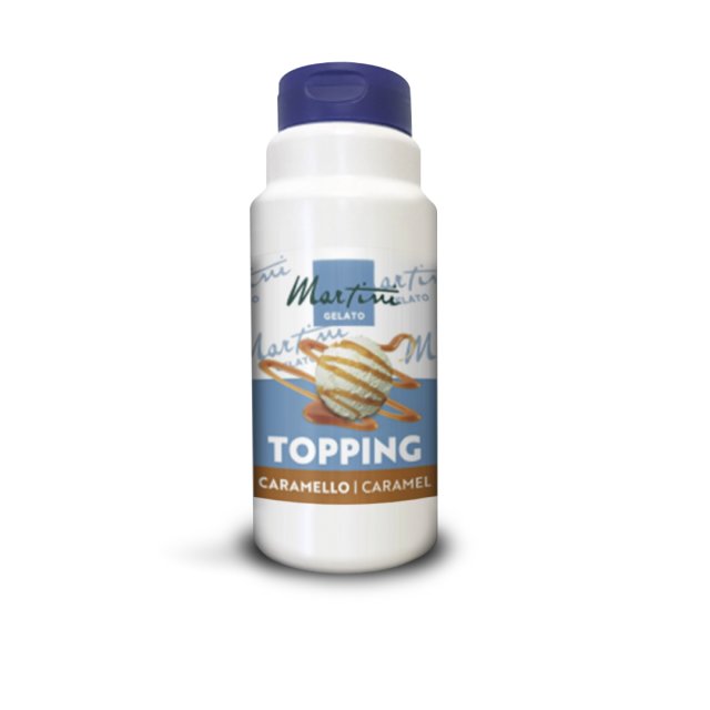 Sticlă de plastic albă Martini Gelato Caramello cu topping de caramel și o cupă de înghețată