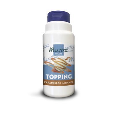 Sticlă de plastic albă Martini Gelato Caramello cu topping de caramel și o cupă de înghețată