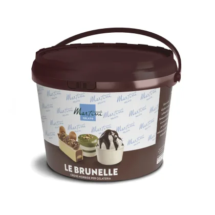 Găleată maro cu cremă soft Martini Gelato "Le Brunelle", etichetă cu logo repetat și fotografii de deserturi.