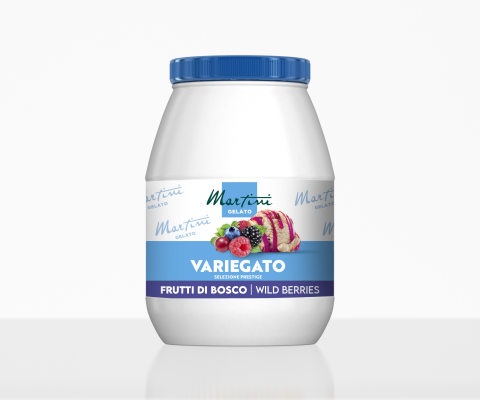 Borcan din plastic alb cu capac albastru, etichetă Martini Gelato Variegato Frutti di Bosco, fructe de pădure și îngh...