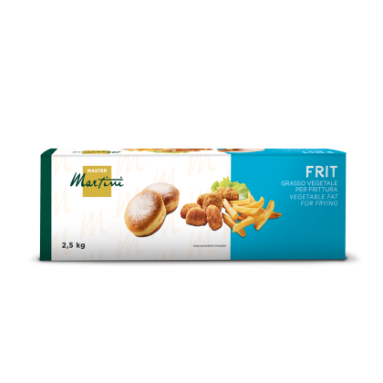 Cutie de grăsime vegetală de prăjit Master Martini FRIT, 2,5 kg, cu gogoși pudrate, nuggets prăjiți și cartofi prăjiți.