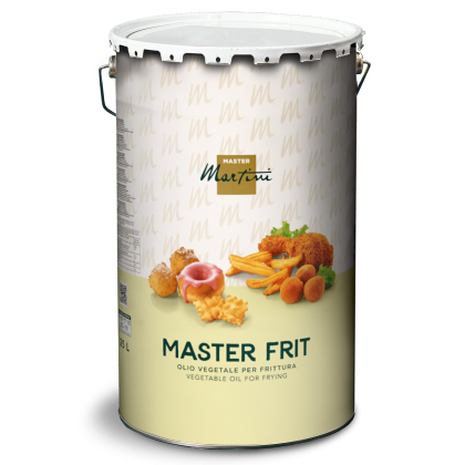 Cutie metalică de ulei de prăjit Master Martini "Master Frit" cu imagini de mâncăruri prăjite pe etichetă bej, 25L.