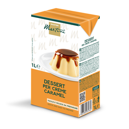 Cutie de 1L cu mix Master Martini pentru crème caramel, cu flan de caramel pe farfurie albă