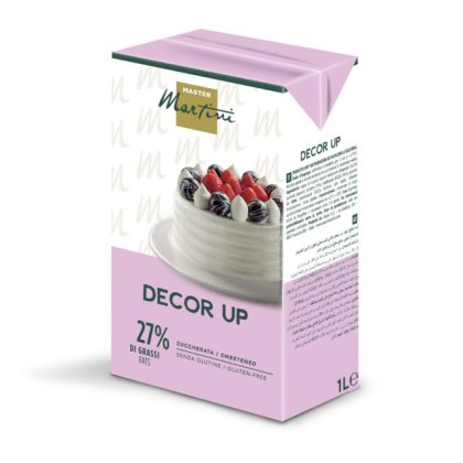 Frișcă lichidă îndulcită Master Martini Decor Up, 27% grăsime, fără gluten, cutie 1L roz cu imagine tort