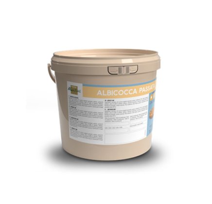 Găleată de plastic bej cu eticheta "Albicocca Passata" și informații despre produs.