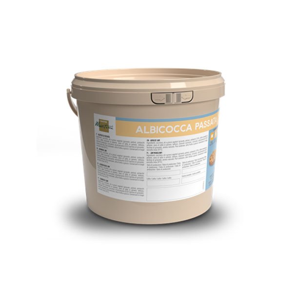 Găleată de plastic bej cu eticheta "Albicocca Passata" și informații despre produs.