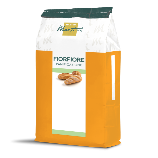 Sac portocaliu-alb de făină Master Martini Fiorfiore Panificazione cu imagini de baghete pe etichetă