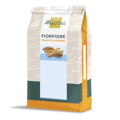 Pungă mix de pâine Master Martini Fiorfiore Panificazione, ambalaj bej cu bază portocalie și imagini cu chifle.