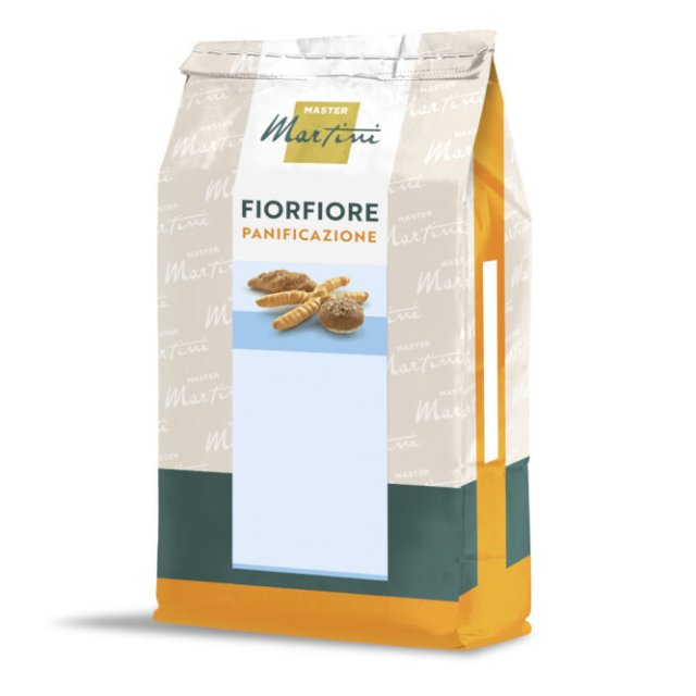 Pungă mix de pâine Master Martini Fiorfiore Panificazione, ambalaj bej cu bază portocalie și imagini cu chifle.