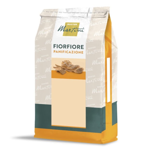Sac cu mix de pâine Fiorfiore Panificazione de la Master Martini, ambalaj crem, portocaliu și turcoaz.