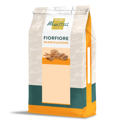 Sac de făină Master Martini Fiorfiore Panificazione cu ilustrație de chifle pe ambalaj bej, portocaliu și turcoaz.