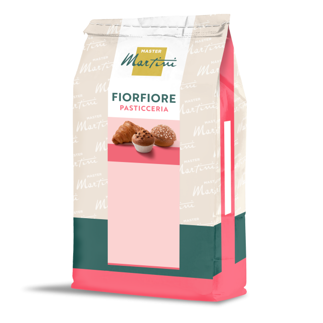 Pungă de amestec de făină Master Martini Fiorfiore Pasticceria în ambalaj crem, roz și turcoaz cu imagini de patiserie.