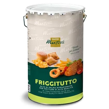 Găleată metalică de ulei de palmier bifracționat Master Martini Friggitutto, etichetă verde cu imagini de prăjeli.