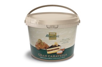 Găleată de plastic bej cu cremă tartinabilă Master Martini Gran Caravella, cu imagini de croissant și tort cu stratur...