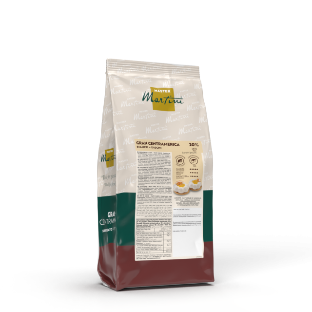 Pungă cu discuri de ciocolată albă Master Martini Gran Centramerica, 20% cacao, ambalaj crem, verde și bordo.