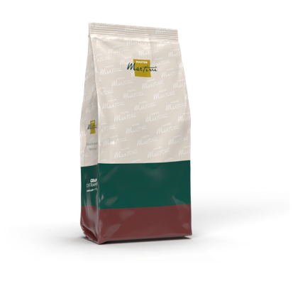 Pungă stand-up cu amestec de cafea Master Martini, parte superioară albă, inferioară verde și grena.