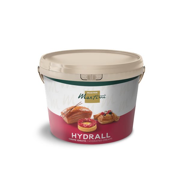 Găleată bej cu creme hidratate Master Martini Hydrall, cu imagini de patiserie și tarte cu fructe