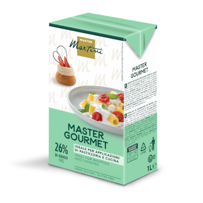 Cutie de 1L smântână Master Martini Master Gourmet, 26% grăsime, fără gluten, pentru patiserie și bucătărie.