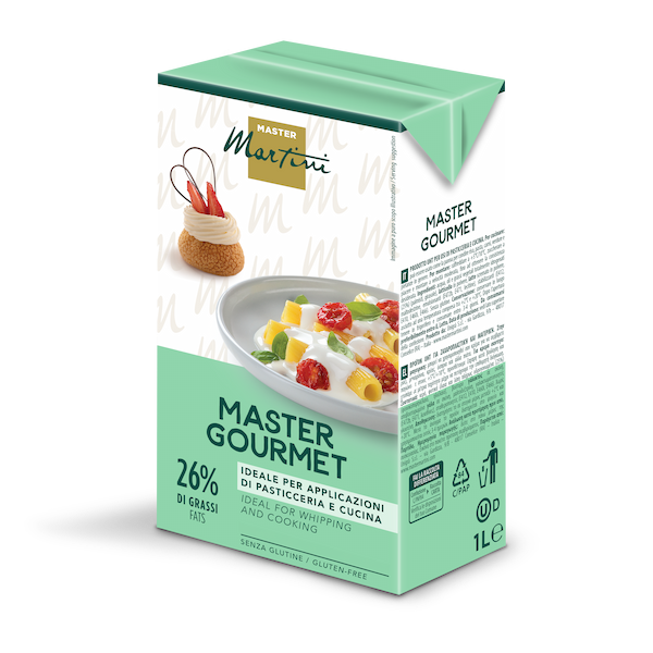 Cutie de 1L smântână Master Martini Master Gourmet, 26% grăsime, fără gluten, pentru patiserie și bucătărie.