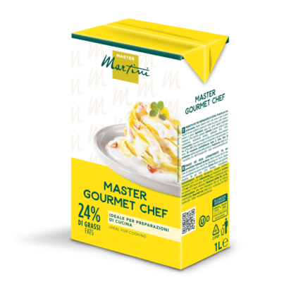Cutie galbenă de 1L de smântână pentru gătit Master Martini Gourmet Chef, 24% grăsime, cu imagine de paste pe etichetă.