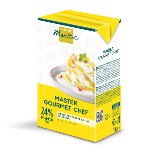 Cutie galbenă de 1L de smântână pentru gătit Master Martini Gourmet Chef, 24% grăsime, cu imagine de paste pe etichetă.
