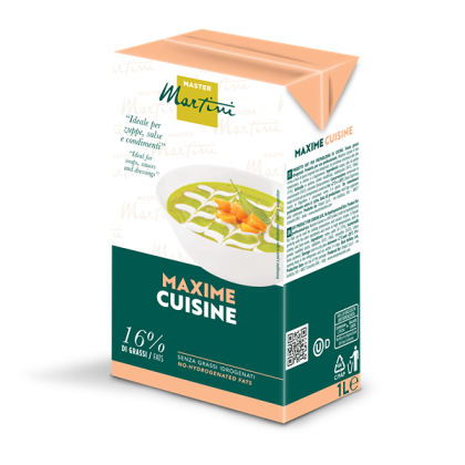 Cutie de 1L cu smântână de gătit Master Martini Maxime Cuisine, 16% grăsime, cu bol de supă verde pe etichetă.