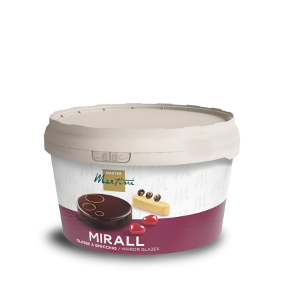 Găleată de glazură oglindă Master Martini Mirall cu capac bej și etichetă bordo cu deserturi glazurate.