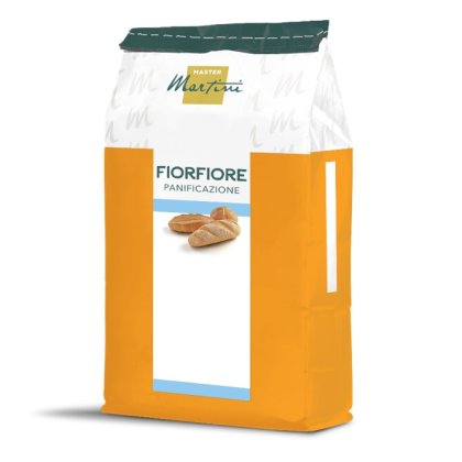 Sac portocaliu-alb de făină Master Martini FiorFiore Panificazione cu chifle pe etichetă.