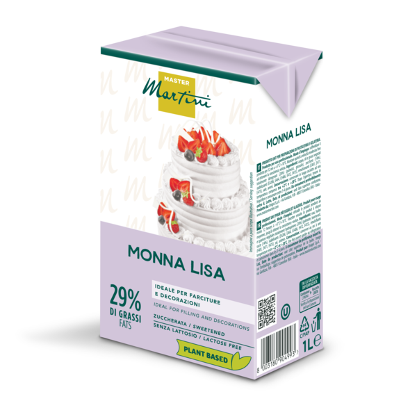 Cutie de 1L Master Martini Monna Lisa, frișcă vegetală 29% grăsime, fără lactoză, cu tort cu etaje.
